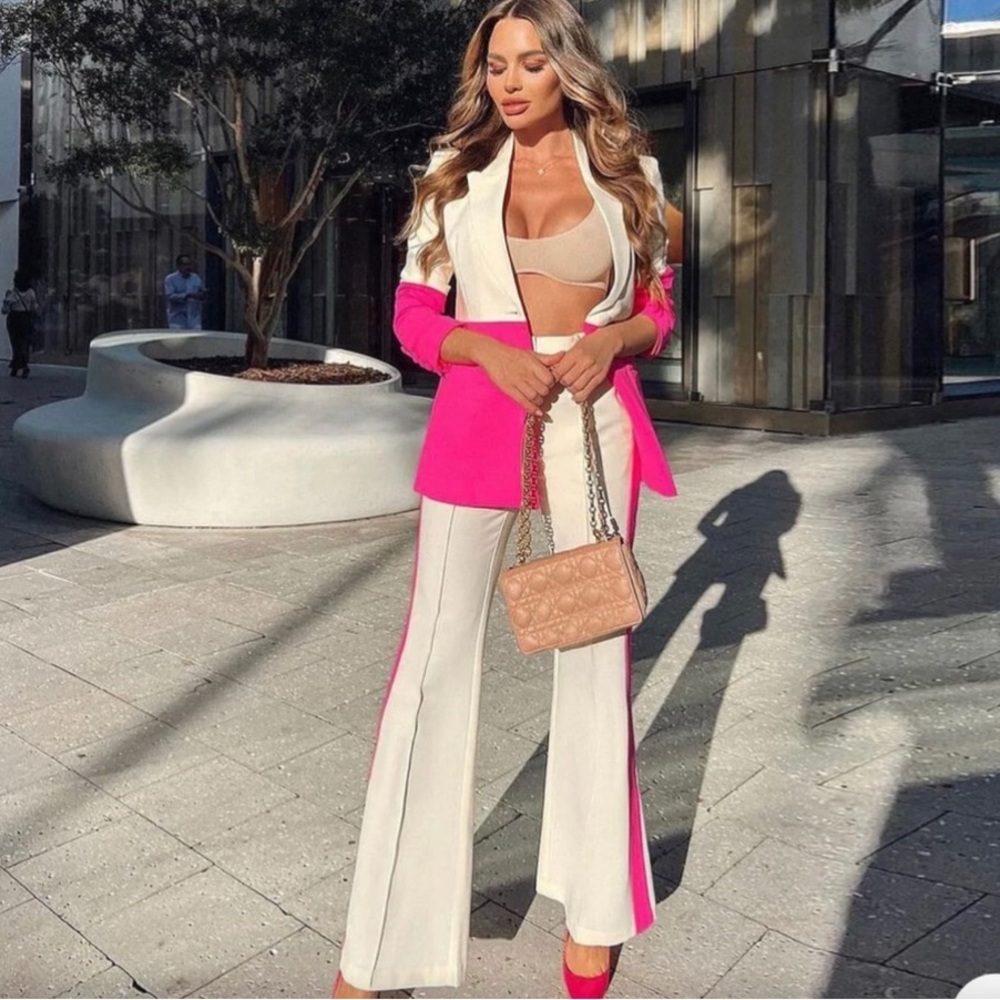 CHIC COLOR PANEL SINGLE BREASTED BOOTCUT BLAZER MATCHING SET - PINK